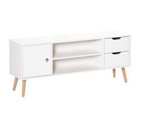 HOMCOM Meuble TV Banc TV Style scandinave Placard 2 niches 2 tiroirs Passe-Fils Panneaux Particules Blanc Bois pin