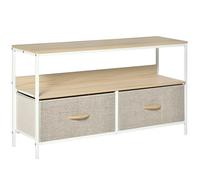 HomCom Meuble TV industriel 2 tiroirs – tissu gris, acier, MDF blanc, bois clair