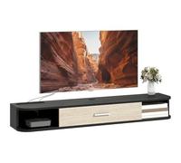 HOMCOM Meuble TV Suspendu 120 cm, Meuble télé pour téléviseur jusqu'à 50 Pouces avec Porte Rabattable, 2 Étagères Ouvertes et Passe-câbles, Banc TV Flottant pour Salon et Chambre, Noir et Chêne