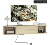 HOMCOM Meuble TV Suspendu 120 cm, Meuble télé pour téléviseur jusqu'à 50 Pouces, Prises électriques, Ports USB et Type-C, tiroir, étagères, Passe-câbles, Banc TV Mural pour Salon, Effet Bois Naturel
