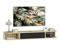 HOMCOM Meuble TV Suspendu 120 cm, Meuble télé pour téléviseur jusqu'à 50 Pouces, tiroir Rabattable, 2 étagères Ouvertes et Passe-câbles, Banc TV Mural pour Salon, Noir et Effet Bois Naturel