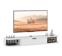 HOMCOM Meuble TV Suspendu 120 cm, Meuble télé pour téléviseur jusqu'à 50 Pouces, tiroir Rabattable, 2 étagères Ouvertes et Passe-câbles, Banc TV Mural pour Salon, Blanc