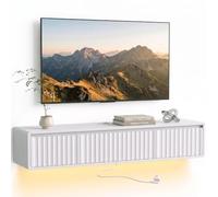 HOMCOM Meuble TV Suspendu Flottant 120 cm Éclairage LED et Prises Blanc | Meuble Télé pour Téléviseur Jusqu'à 65 Pouces, Porte Cannelée Rabattable et 2 Tiroirs, Banc TV Mural pour Salon, Chambre