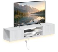 HOMCOM Meuble TV Suspendu Flottant 140cm avec Éclairage LED et Prises Blanc | Meuble Télé pour Téléviseur jusqu'à 65 Pouces, Compartiments Ouverts et 2 Portes Cannelées, Banc TV Mural pour Salon, Chambre