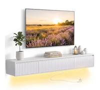HOMCOM Meuble TV Suspendu Flottant 160 cm Éclairage LED et Prises Blanc | Meuble Télé pour Téléviseur Jusqu'à 72 Pouces, Porte Cannelée Rabattable et 2 Tiroirs, Banc TV Mural pour Salon, Chambre