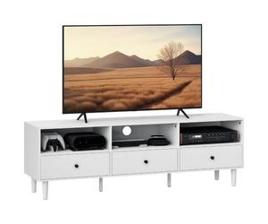 HOMCOM Meuble TV,tiroirs,Gestion câbles,pour 75 Pouces,Blanc,140x34x45cm | Tablette TV, 3 compartiments ouverts, 140 cm de long, meuble bas pour salon