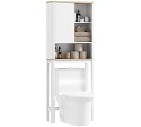 HOMCOM Meuble WC Dessus de Toilette avec Placard à Porte cannelée, Meuble Toilettes WC Rangement, Armoire Salle de Bain avec Compartiments Ouverts et étagère réglable, 65 x 25 x 170 cm, Blanc