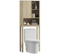 HOMCOM Meuble WC Dessus de Toilette avec Placard à Porte cannelée, Meuble Toilettes WC Rangement, Armoire Salle de Bain avec Compartiments Ouverts et étagère réglable, 65 x 25 x 170 cm, Bois Naturel