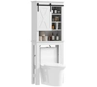 HOMCOM Meuble WC Dessus de Toilette Meuble Toilettes WC Rangement Meuble Salle de Bain avec 6 Compartiments et Porte de Grange coulissante, Blanc