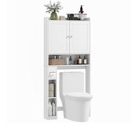 HOMCOM Meuble WC Dessus de Toilette ou Machine à Laver, Armoire au-Dessus des Toilettes avec 2 Portes, 3 Compartiments Ouverts, étagère réglable, Porte-Papier Toilette, 80 x 19,5 x 170 cm, Blanc