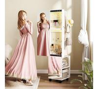 HOMCOM Miroir à Bijoux avec Lumières LED Armoire à Bijoux à Rotation de 360° Serrure et Clés Surface Blanc et Doublure Beige