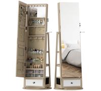 HOMCOM Miroir-armoire à bijoux avec LED Armoire à bijoux avec miroir pleine longueur Pivotant à 360° Tiroir Serrure Naturel