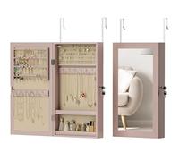 HOMCOM Miroir-armoire à bijoux mural avec serrure et plusieurs compartiments à monter au mur ou à la porte pour boucles d'oreilles, collier, bague, bracelet rose et doublure beige