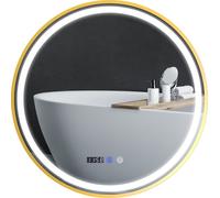 HOMCOM Miroir de salle de bain avec éclairage 60 cm Miroir mural rond à LED avec interrupteur tactile, minuterie, antibuée Miroir de salle de bain avec affichage de l'heure et de la température, 3 cou