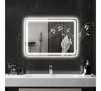 HOMCOM Miroir de salle de bain avec éclairage LED 50 x 70 cm - Avec fonction musique Bluetooth - Interrupteur tactile - Fonction mémoire - Miroir lumineux - Anti-buée - Avec 3 couleurs de lumière
