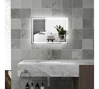 HOMCOM Miroir de salle de bain avec éclairage LED 70 x 50 cm - Avec fonction mémoire - Miroir mural avec interrupteur tactile - Miroir lumineux anti-buée avec 3 couleurs de lumière - Blanc