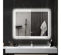 HOMCOM Miroir de salle de bain avec éclairage LED, Pad anti-buée, 3 couleurs ajustables, Horloge, 700 x 900 mm, Argent