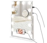 HOMCOM Miroir Hollywood Lumineux 36,5 x 45,5 cm, Miroir Coiffeuse avec LED 12 Ampoules, 3 Modes luminosité réglable, Rotation à 360°, grossissement 10X, Port de Charge USB, Touche Tactile, Blanc