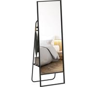 HOMCOM Miroir intégral 157 x 50 cm Miroir rectangulaire sur pied avec étagère, 2 crochets et cadre métallique, Grand miroir, miroir d'habillage pour chambre à coucher, salon, couloir, noir