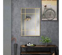 HOMCOM Miroir mural verrière rectangulaire style fenêtre, horizontal ou vertical avec 4 crochets, en métal doré - 90x60 cm