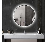 HOMCOM Miroir Salle de Bain avec éclairage Ø 70 cm, Miroir Rond LED Mural rétro-éclairé, intensité Variable, Fonction Anti-buée, Interrupteur Tactile, Affichage de l'heure et de la température, Noir