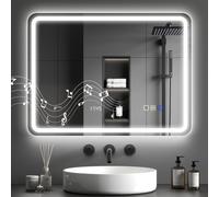 HOMCOM Miroir salle de bain Bluetooth avec éclairage LED 60 x 80 cm, miroir lumineux mural avec horloge, antibuée, argenté