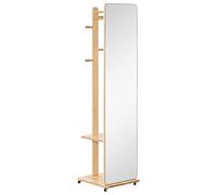 HOMCOM Miroir sur Pied avec roulettes - Portant, 4 patères étagère MDF Aspect Bois Clair