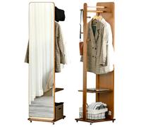 HOMCOM Miroir sur Pied avec roulettes Portant 4 Patères MDF Aspect Noyer | Étagère