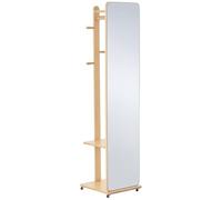 Miroir sur pied avec roulettes - portant, 4 patères étagère MDF aspect bois clair G
