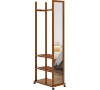 HOMCOM Miroir sur pied, miroir intégral avec support, 24,8 x 153,8 cm Miroir de vestiaire à roulettes, penderie à 3 niveaux, tringle à vêtements, pour salon, chambre à coucher, noyer