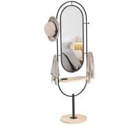 HOMCOM Miroir sur Pied Ovale, Grand Miroir avec Plateau en Bois, 4 Crochets et Cadre en métal, pour Chambre à Coucher Salon et Dressing, 50 x 40 x 175,5 cm, Noir