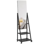 HOMCOM Miroir sur Pied Pleine Longueur, Miroir Roulant avec Angle réglable, 2 étagères de Rangement et 4 Roues pour Chambre à Coucher, Salon, Couloir, Noir