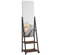HOMCOM Miroir sur Pied rectangulaire, Miroir de Sol Roulant, avec 2 étagères, Angle réglable, 4 roulettes, 42 x 37 x 155 cm, Noir et Brun Rustique