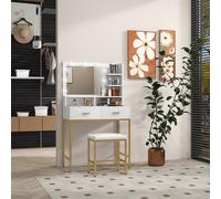 HOMCOM Mobile Coiffeuse avec Miroir, 2 Tiroirs, 5 Étagères et Tabouret, en MDF et Panneau de Particules, 80x40x138 cm, Blanc
