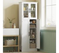 HOMCOM Mobile Salle de Bain Haut avec Étagères Réglables, Portes en Verre et Bois, 60x30x170 cm, Blanc