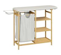HOMCOM Panier à linge 57,4 l avec planche à repasser et fer à repasser, panier à linge avec étagère à 3 niveaux, extensible et sac amovible, pour salle de bain, bambou, naturel