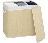HOMCOM Panier à Linge avec 3 Compartiments 144 L, Couvercle, Bambou, Crème