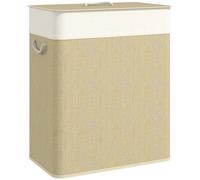HomCom Panier à linge double 100 L en bambou, couvercle, poignées corde, doublure amovible crème