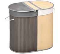 HomCom Panier à linge Bambou 100 L 2 compartiments avec couvercle sac amovible Gris 62,5×37×60,5 cm