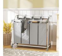 HOMCOM Panier à linge mobile, chariot linge sale, corbeille à roulettes avec 4 sacs amovibles, 4 x 40L, 97 x 38 x 81 cm, gris