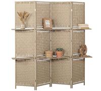HOMCOM Paravent intérieur 4 Panneaux 181L x 180H cm 2 étagères Pliables séparateur de pièce Bois de pin Bambou Fibres de Papier tressée Naturel Paille