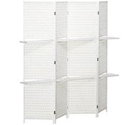 HOMCOM Paravent intérieur 4 Panneaux 181L x 180H cm 2 étagères Pliables séparateur de pièce Bois de pin Bambou Fibres de Papier tressée Blanc Paille