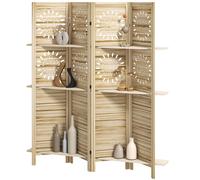 HOMCOM Paravent intérieur 4 panneaux et 3 étagères, 160 x 170 cm, séparateur de pièce pliable, bois de paulownia, bois naturel