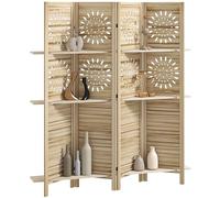 HOMCOM Paravent intérieur 4 Panneaux et 3 étagères, 160 x 170 cm, séparateur de pièce Pliable en Bois de Paulownia, cloison de séparation pour Salon, Chambre à Coucher, Maison, Bois Naturel