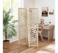 HOMCOM Paravent interieur en bois 3 panneaux 120 x 170 cm, pliable et portable, motif de feuille, design amovible, bois naturel