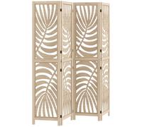 HOMCOM Paravent Interieur en Bois 4 Panneaux 160 x 170 cm Bois Naturel | Séparateur de Pièce Pliable et Portable, Motif de Feuille, Cloison de Séparation Amovible, pour Salon, Chambre à Coucher