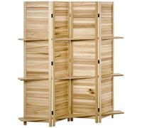 HOMCOM Paravent intérieur en Bois 4 Panneaux 160 x 170 cm, séparateur de pièce Pliable avec 3 étagères, cloison de séparation pour Salon, Chambre à Coucher, Maison, Bois Naturel