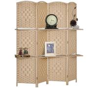 HOMCOM Paravent séparateur de pièce 4 Panneaux 160 x170 cm avec 2 étagères, Pliable, en Bois pour Le Bureau, Salon, Chambre, Bois Naturel