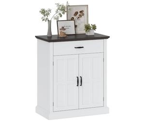 HOMCOM Petit Buffet, Plateau 3 cm, Tablette réglable, tiroir, Blanc | Meuble de rangement rustique, 2 portes de grange, placard, pour salon