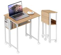 HOMCOM Petit bureau pliable de 63 cm avec roulettes, peu encombrant, avec étagère, sac de rangement, pour la maison et le bureau, naturel
